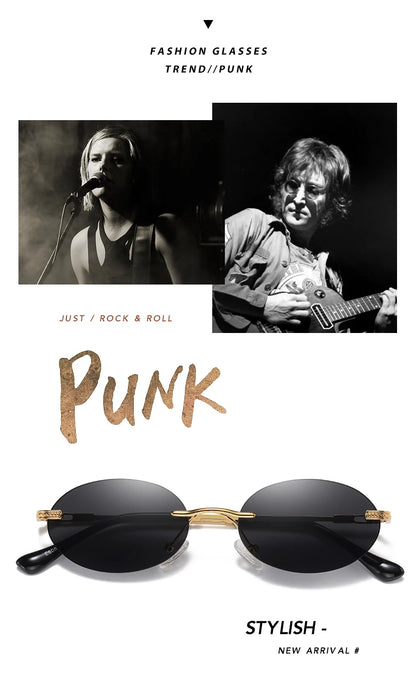 Retro Oval Rimless Sunglasses – Blue Mirror Gold Metal UV400 for Men & Women