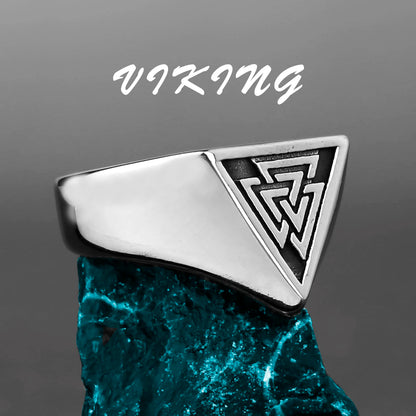 Nordic Viking Stainless Steel Ring - Compass Tree of Life Rune Wolf Amulet Jewelry for Men & Women