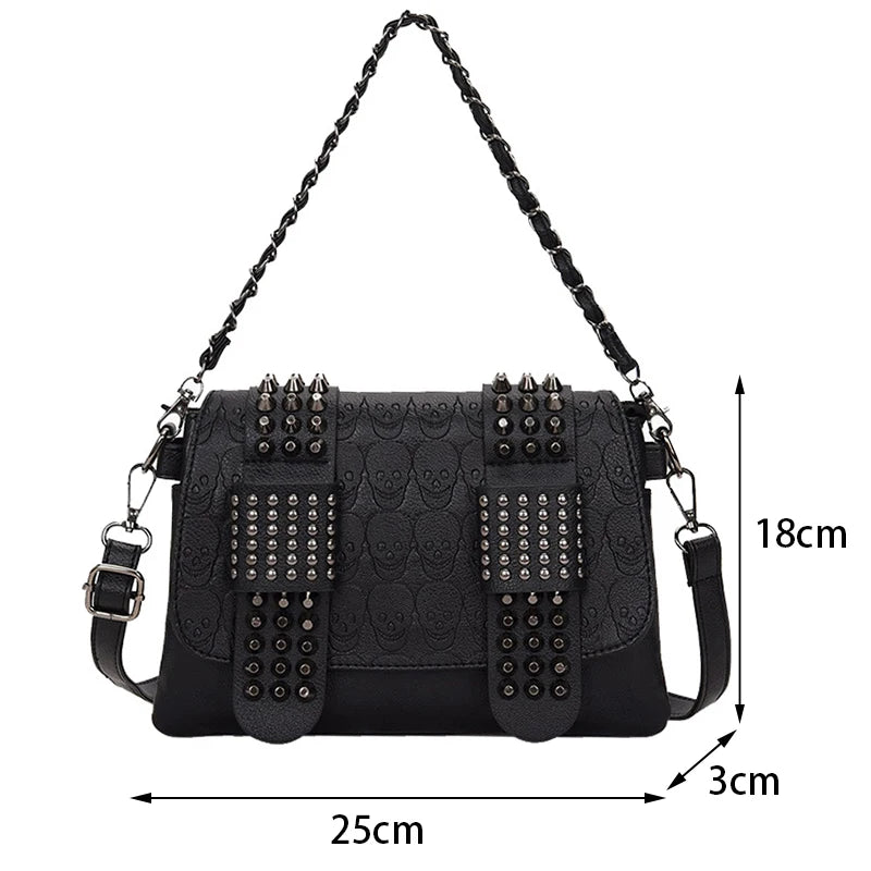 Vintage Skull Rivet PU Leather Shoulder Bag — Women’s Black Crossbody Flap Messenger Handbag