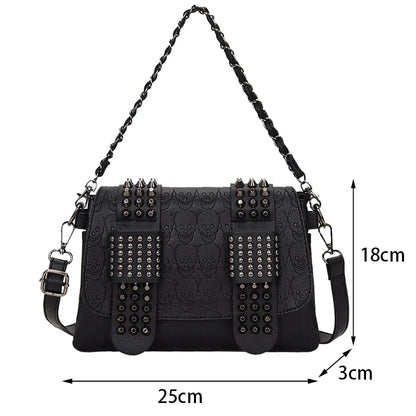 Vintage Skull Rivet PU Leather Shoulder Bag — Women’s Black Crossbody Flap Messenger Handbag