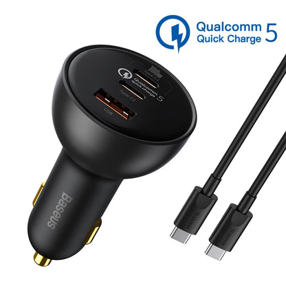 Baseus 160W Car Charger – QC 5.0 Fast Charging PPS PD 3.0 USB-C Multi-Port Car Charger for iPhone 15/14/13 Pro, Laptops & Tablets Quick Charge Adapter