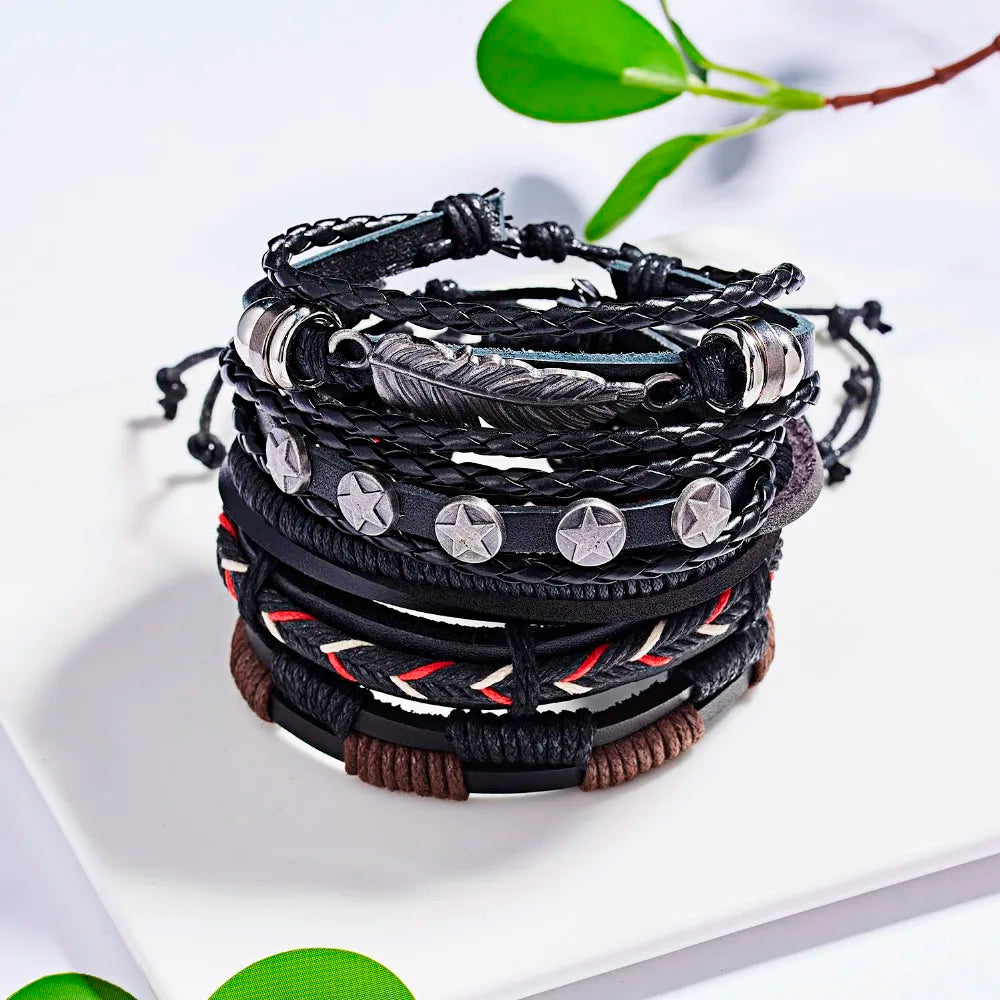 Men's Vintage Multilayer Leather Braid Bracelet - Handmade Star, Leaf & Owl Rope Wrap Bangle, Male Gift Jewelry