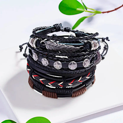 Men's Vintage Multilayer Leather Braid Bracelet - Handmade Star, Leaf & Owl Rope Wrap Bangle, Male Gift Jewelry