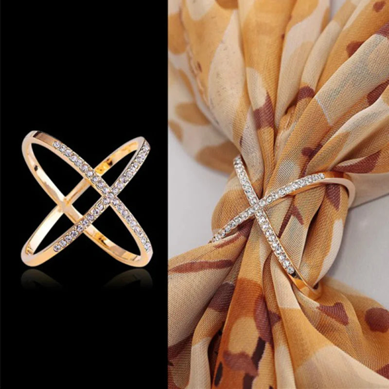 X Shape Cross Crystal Scarf Buckle Brooches for Women - Hollow Scarves Buckle Jewelry Clothing Accessories