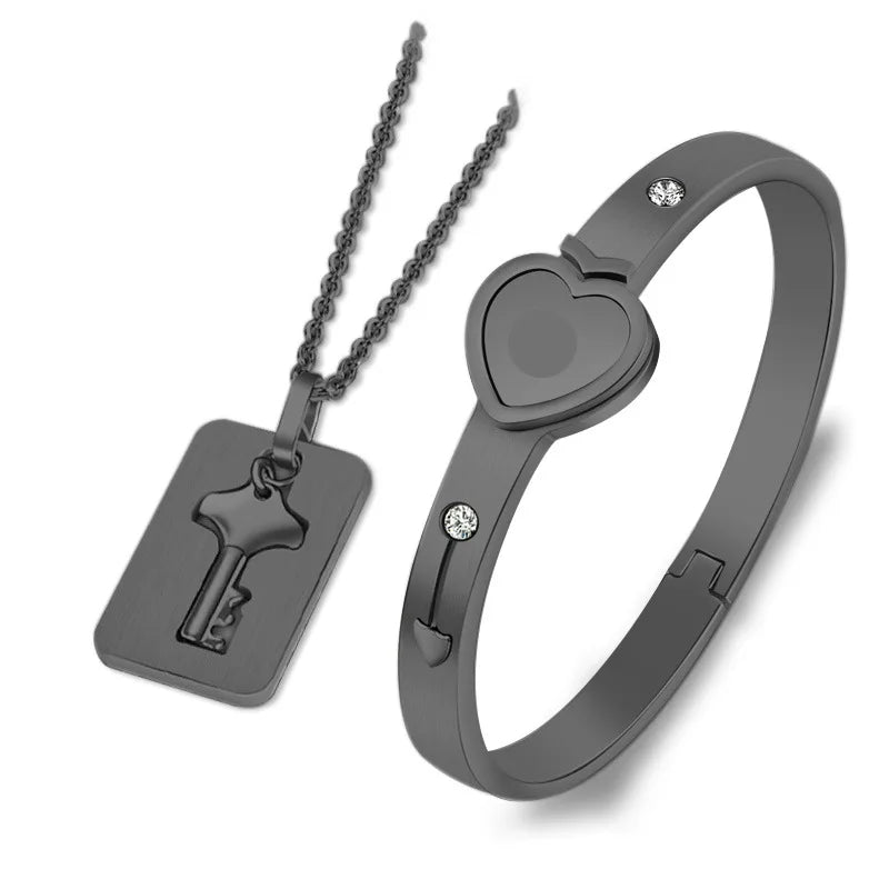 Couple Jewelry Set – Stainless Steel Love Heart Lock Bracelets & Key Pendant Necklace for Men & Women Gift