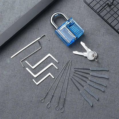 KAK Transparent Practice Padlock Set - Cutaway Training Lock with Broken Key Extractor Hooks and Locksmith Tools