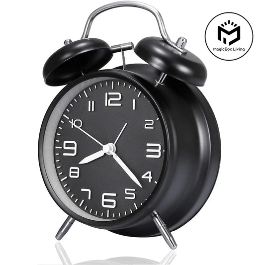 4 Inch Twin Bell Metal Alarm Clock – Loud Mechanical Desk Clock with Backlight 3D Dial, Battery Operated for Home & Office Use