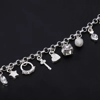 925 Sterling Silver 13-Piece Charm Bracelet – Fashion Pendant Chain Jewelry for Women & Teens
