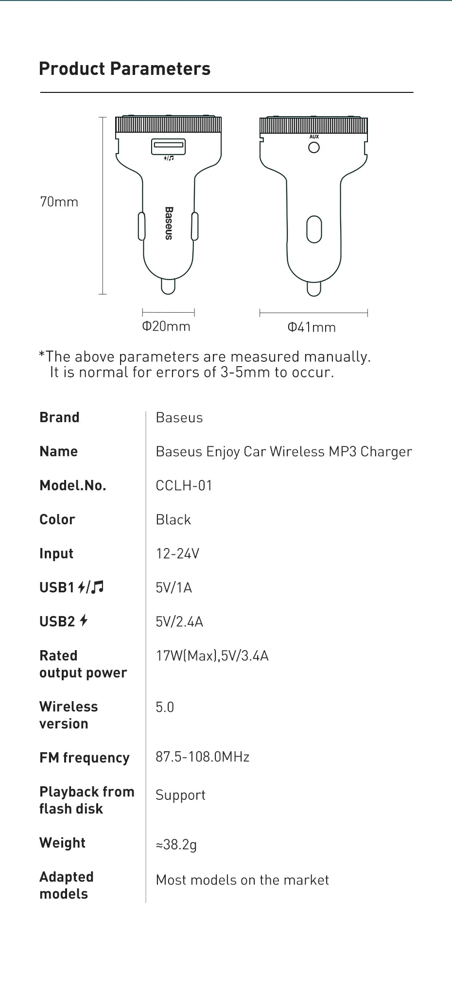 Baseus Bluetooth 5.0 FM Transmitter – Wireless Car Kit with USB Fast Charger, AUX, MP3 Player & Hands-Free Calling