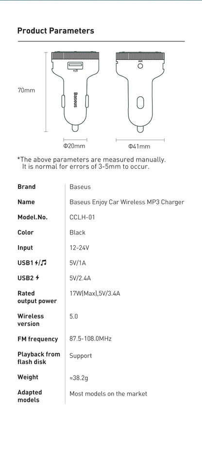Baseus Bluetooth 5.0 FM Transmitter – Wireless Car Kit with USB Fast Charger, AUX, MP3 Player & Hands-Free Calling