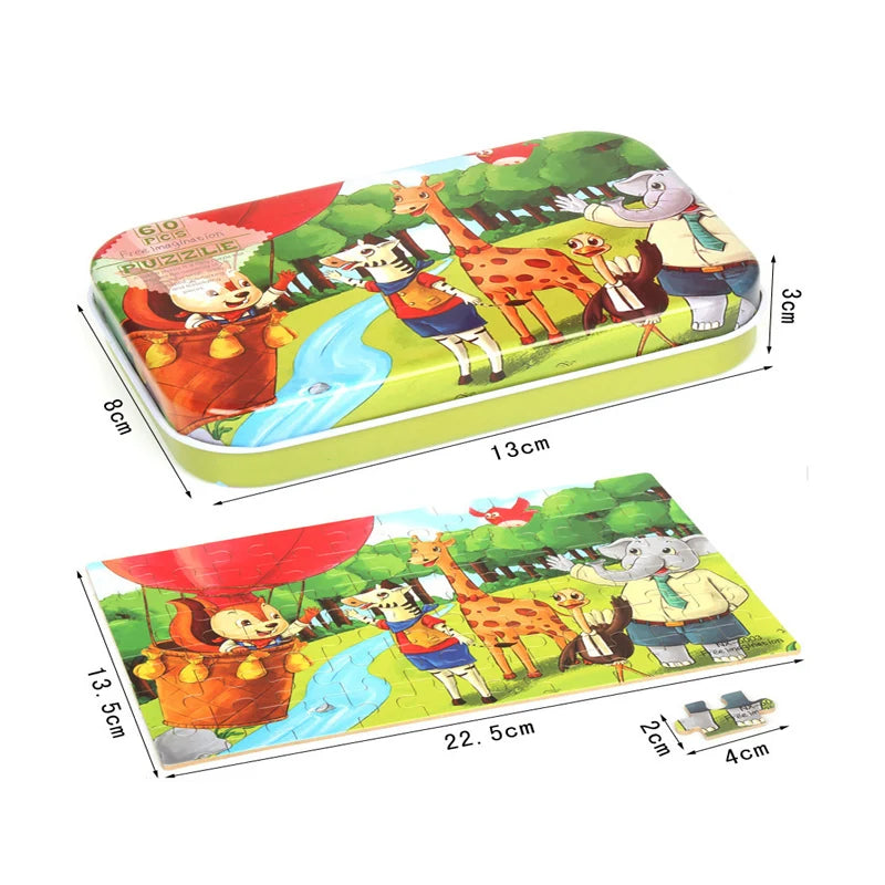 60PCS Wooden Puzzle Toys – Cartoon Vehicle & Animal Jigsaw for Kids’ Learning & Educational Play