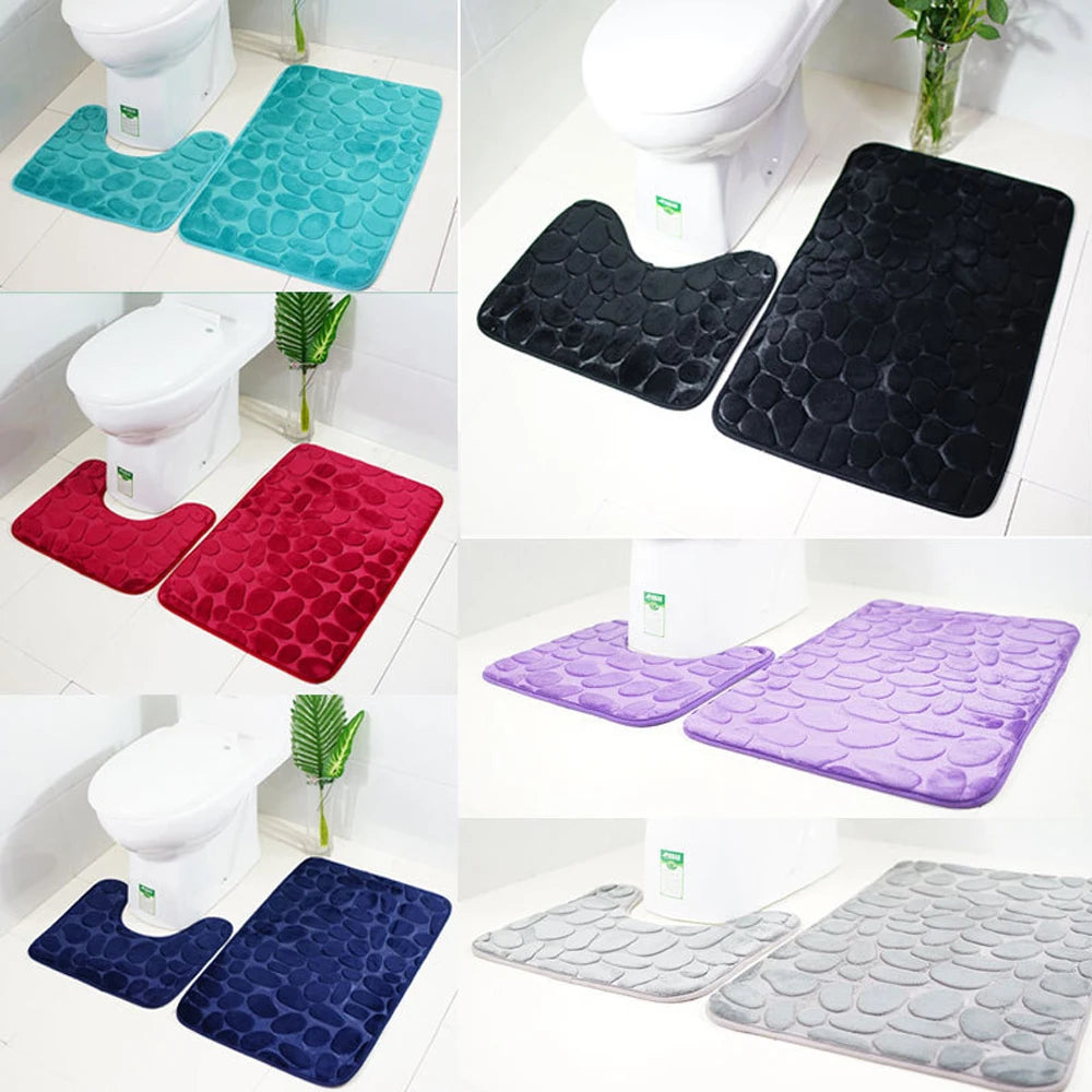 2PC Set Funnel Cobblestone Anti-Slip Bathroom Mat - Toilet Rug, New Bath Mat Set