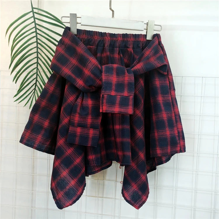 TOTRUST Women’s Fashion Asymmetrical Summer Plaid Mini Skirt – Casual College Style Fake Shirt Design