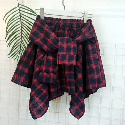 TOTRUST Women’s Fashion Asymmetrical Summer Plaid Mini Skirt – Casual College Style Fake Shirt Design