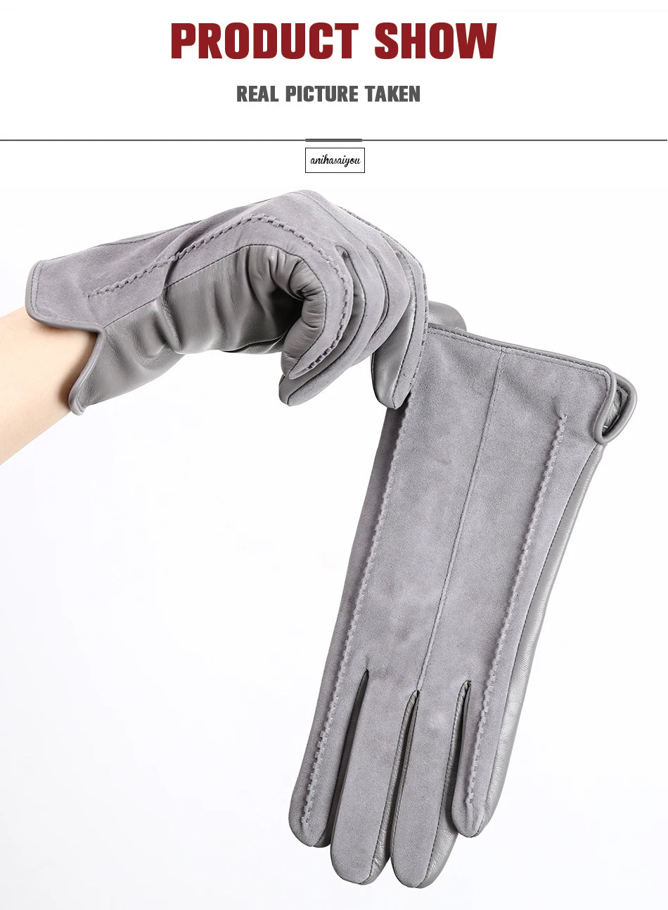 Women’s Winter Touch Gloves – 50% Genuine Leather & 50% Suede, Colorful Warm Leather Gloves
