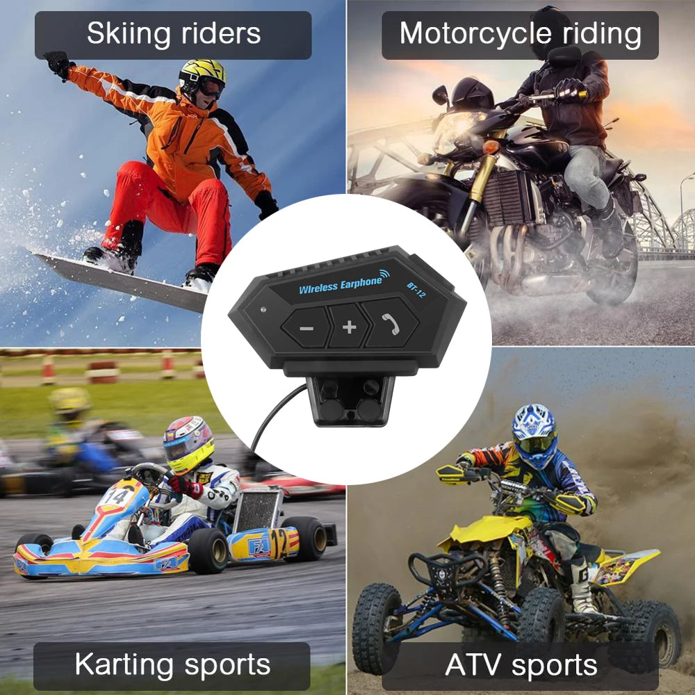 BT12 Motorcycle Helmet Headset - Stereo Bluetooth Earphone, Wireless Hands-Free Mic & Music Player for Motorbike Riders