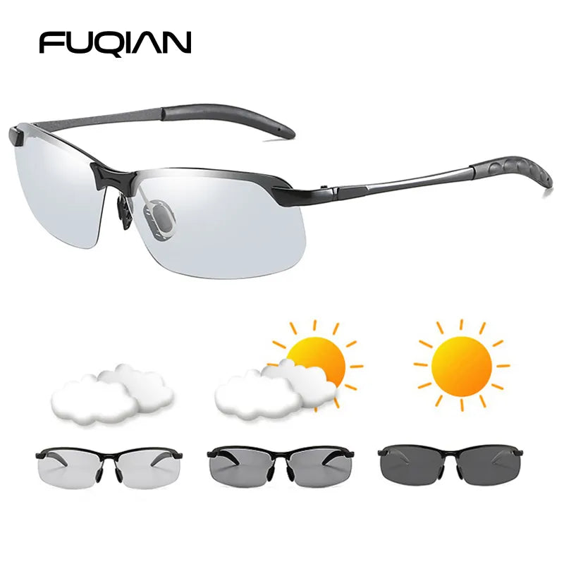 Enhanced Vision: FUQIAN Vintage Metal Polarized Sunglasses - Photochromic Lens, Ideal for Men and Women, Night Driving Sun Glasses