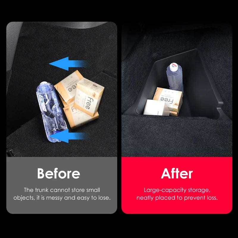 Futhope Car Trunk Side Storage Box for Tesla Model Y 2018-2024 – Hollow Cover Organizer with Flocking Mat & Partition Board