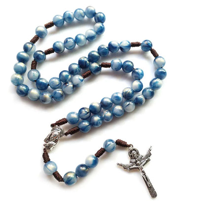 QIGO Vintage Acrylic Rosary Necklace – Brown Catholic Jesus Cross Pendant with Rope Weave Chain, Religious Jewelry for Men & Women