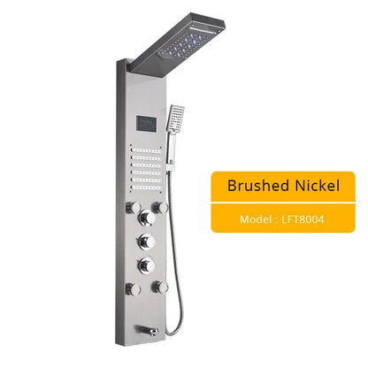 Brushed Nickel Bathroom Shower Column - Wall-Mounted Black LED Shower Panel with Digital Screen, 6 Modes & Rainfall Mixer Tap