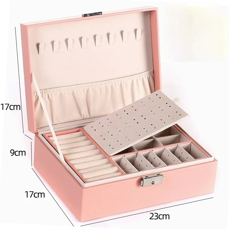 Double-Layer Wooden Jewelry Box – PU Leather Ring & Accessory Organizer with Storage and Makeup Case