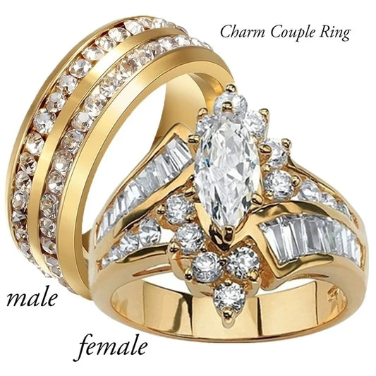 Couple CZ Crystal Rings Set - Marquise Cut Stainless Steel Love Rings with Two Row Zircon Design for Men & Women