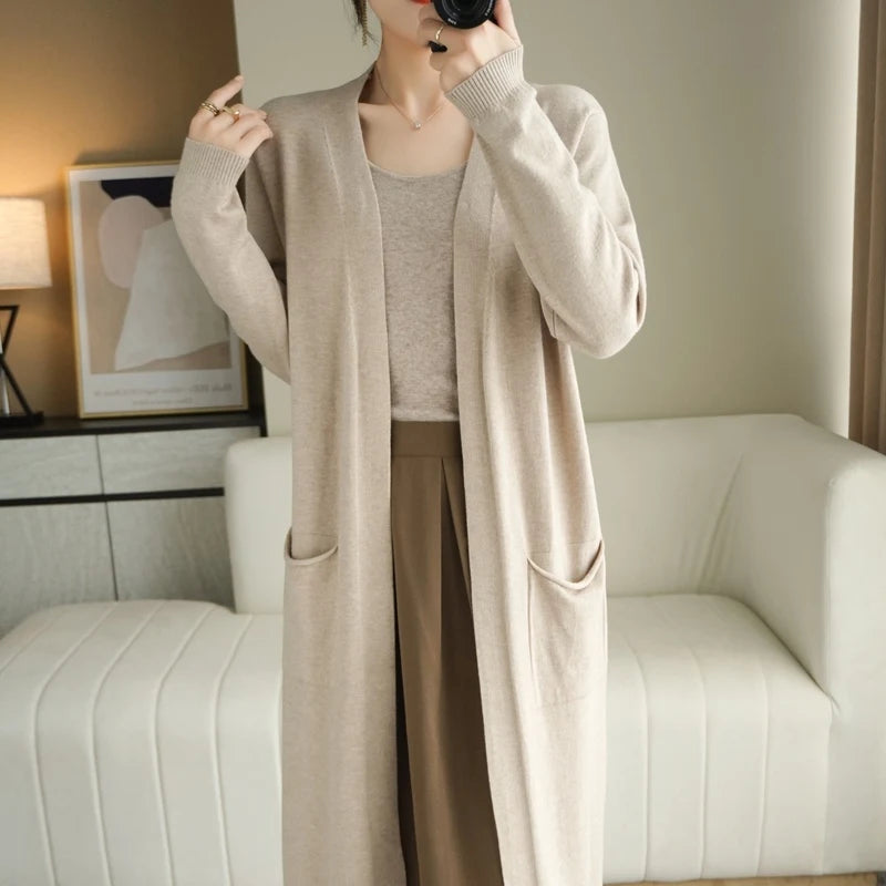 YSC Women’s Knitted Cashmere Wool Blend Cardigan – V-Neck, Long Buttonless Style with Pocket Trim