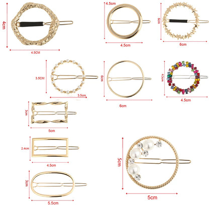 Geometry Hair Clips: Gold & Silver Metal Circle Barrettes with Korean Crystal Pear Accents - Stylish Hair Grips for Women and Girls