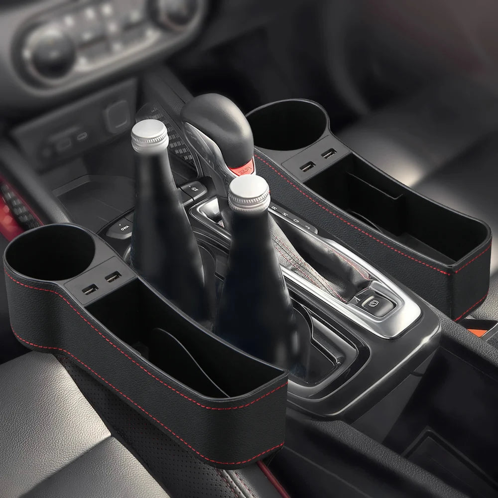 Car Seat Gap Organizer – Leather Auto Crevice Storage Box with Cup & Phone Holder, USB Option