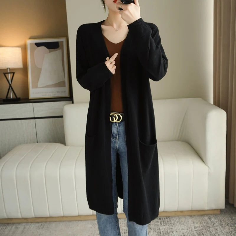 YSC Women’s Knitted Cashmere Wool Blend Cardigan – V-Neck, Long Buttonless Style with Pocket Trim