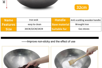 Hand Forged Household Iron Wok, Pure Iron Pan with Wooden Handle, Non-Coating, Non-Stick, for Gas Cooker