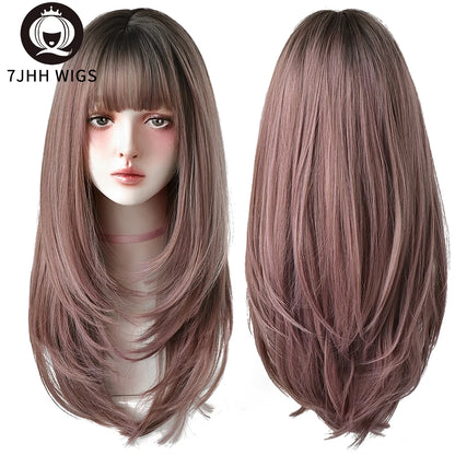 7JHHWIGS Long Straight Light Brown Synthetic Wig with Bangs – Heat-Resistant Daily Wear Wig for Women