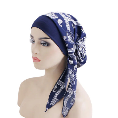 Women’s Pre-Tied Turban Cap – Muslim Hijab & Chemo Hair Loss Head Scarf with Flower Print Stretch Bandana