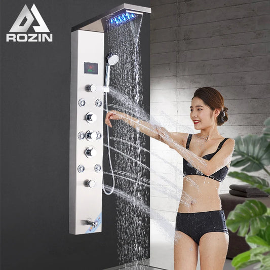 Brushed Nickel Bathroom Shower Column - Wall-Mounted Black LED Shower Panel with Digital Screen, 6 Modes & Rainfall Mixer Tap