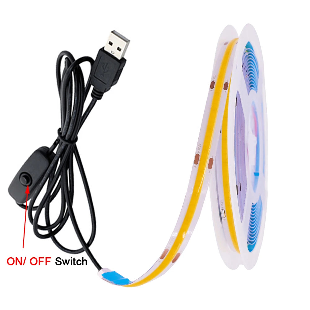DC 5V USB LED COB Strip Light – High Density 320LED Flexible Tape Lighting in Warm White, Natural White, Red, Blue & Green for Home Decor