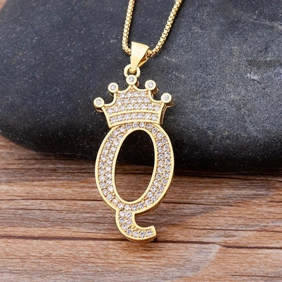 Nidin Luxury A-Z Crown Alphabet Pendant – Copper Zircon Initial Necklace Chain, Hip-Hop Style Jewelry for Men & Women