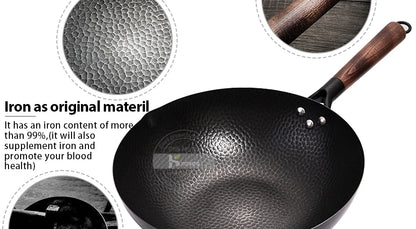 Konco 32cm Pure Cast Iron Wok – Non-Coated Chinese Wok Pan for Gas & Induction Cookers