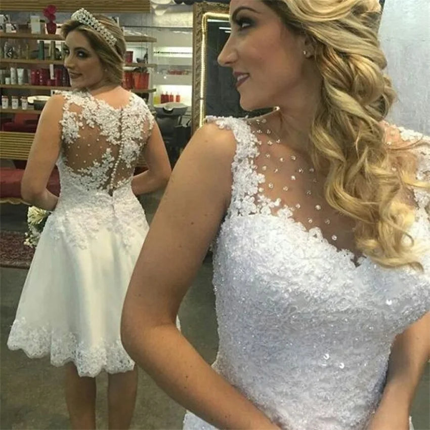 Vintage Lace Applique Wedding Dress - Customized Beaded Short Bridal Gown With Sheer Back And Button Detail