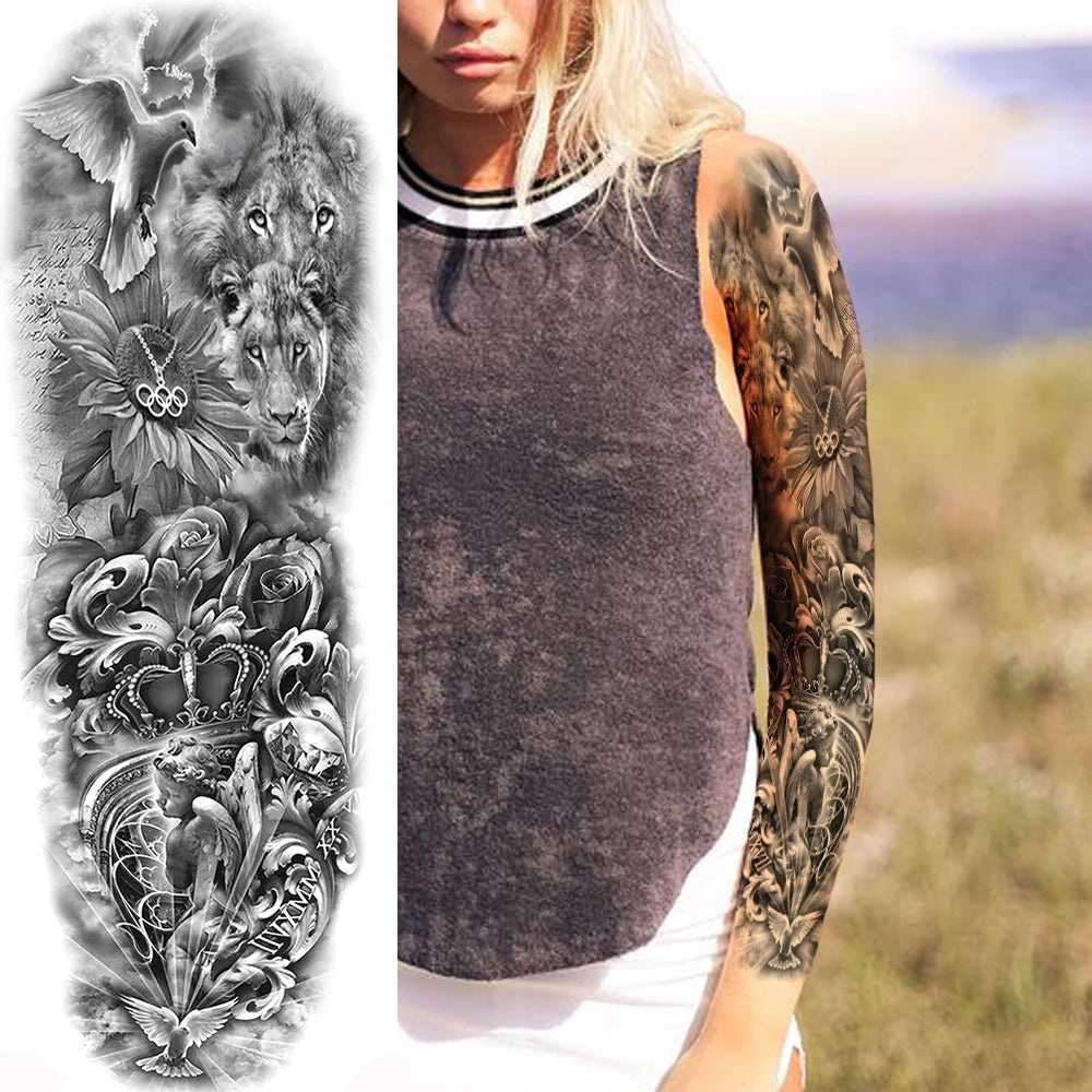 Temporary Tattoo Sleeve - Realistic Full Arm Skull Angel Maori Design Tattoo Sticker for Men & Women