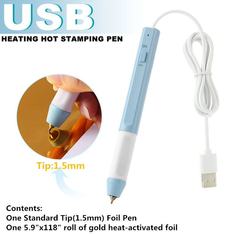 USB Hot Foil Pen with 0.8/1.5/2.5mm Tips – Slim Heat-Resistant Grip for DIY Calligraphy on Paper & Leather