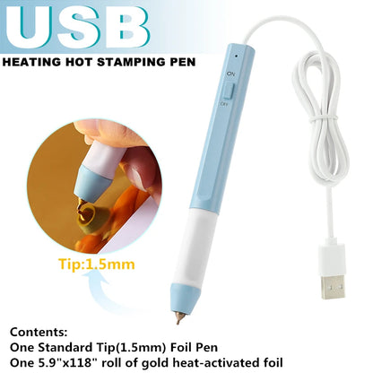 USB Hot Foil Pen with 0.8/1.5/2.5mm Tips – Slim Heat-Resistant Grip for DIY Calligraphy on Paper & Leather