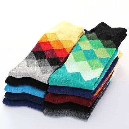 Men’s Funny Argyle Diamond Pattern Cotton Socks – Large Size 3D Geometric Crew Tube Socks, Combed Cotton Casual Novelty Socks