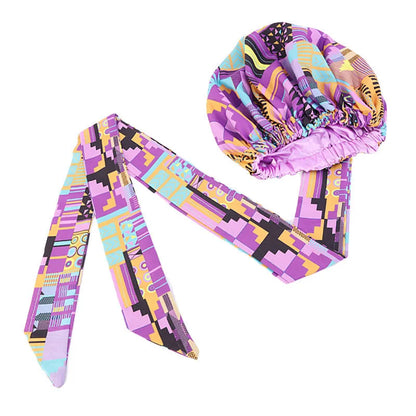 African Satin Lined Bonnet with Long Ribbon - Floral Ankara Print Head Wrap Turban Cap for Women