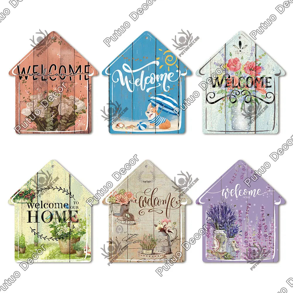 Putuo Decor Welcome House Shaped Wooden Sign – Rustic Hanging Plate for Home, Living Room Wall Decor