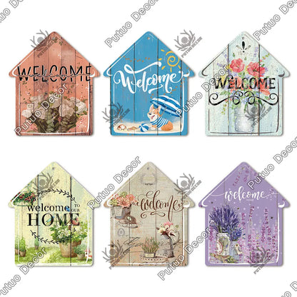 Putuo Decor Welcome House Shaped Wooden Sign – Rustic Hanging Plate for Home, Living Room Wall Decor