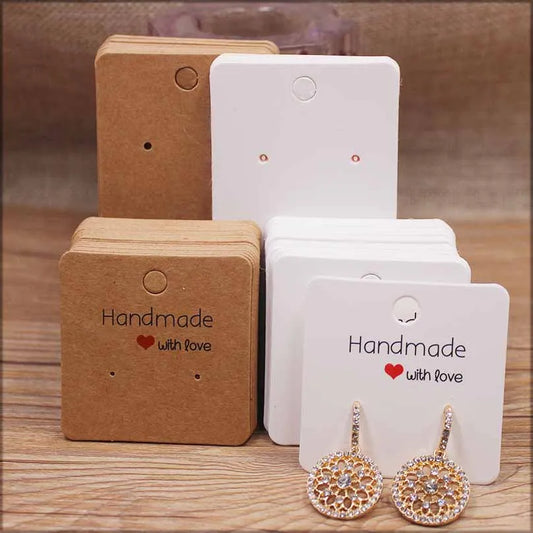 50PC Handmade Style Paper Earring Cards – DIY Jewelry Packaging in Brown & White, Multiple Sizes (5x5cm, 3x3cm, 5x9cm, 5x6.5cm, 5x7cm)