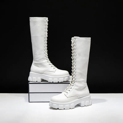 Aphixta 2025 Women’s Winter Knee-High Boots – White PU Leather Lace-Up Platform Fashion Shoes