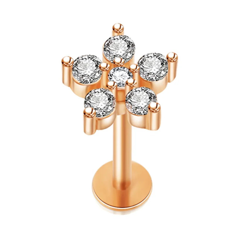 Crystal Flower Tragus Piercing Earring – 16G Cross Cartilage, Helix, Conch, Rook, Lobe & Labret Stud Jewelry
