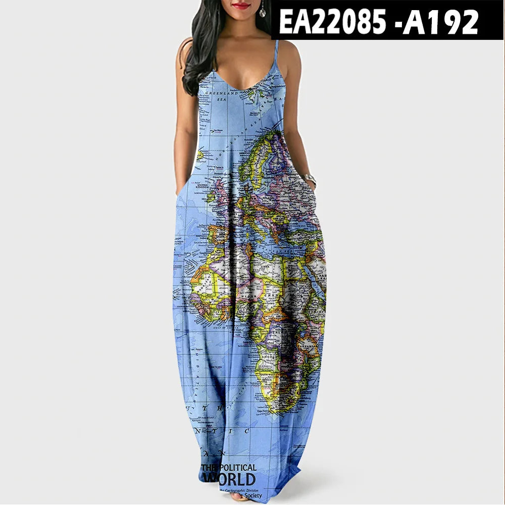 Women’s World Map Beach Dress – Elegant Sexy Long Sundress with Irregular Hem, Sleeveless Spaghetti Straps, Plus Size Summer Dress