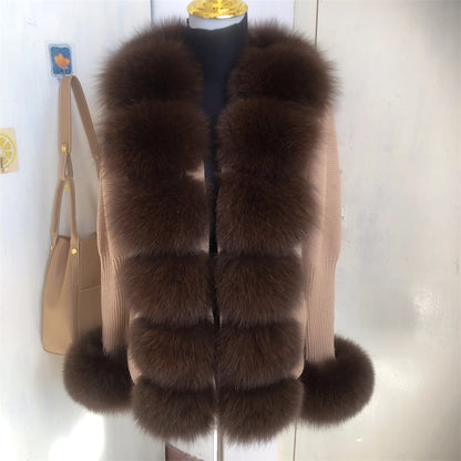 Women’s Spring & Autumn Sweater Cardigan – Real Fox Fur Collar Jacket, Natural Fur Outerwear